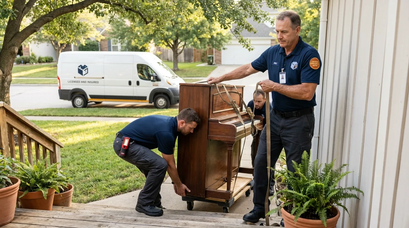 Licensed piano movers securing grand piano in Sevierville, TN