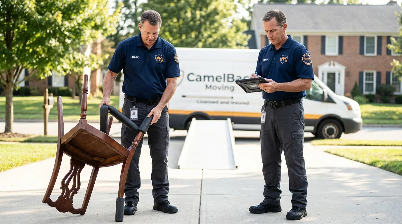 Movers inspecting furniture for damage prevention before loading in Sevierville, TN