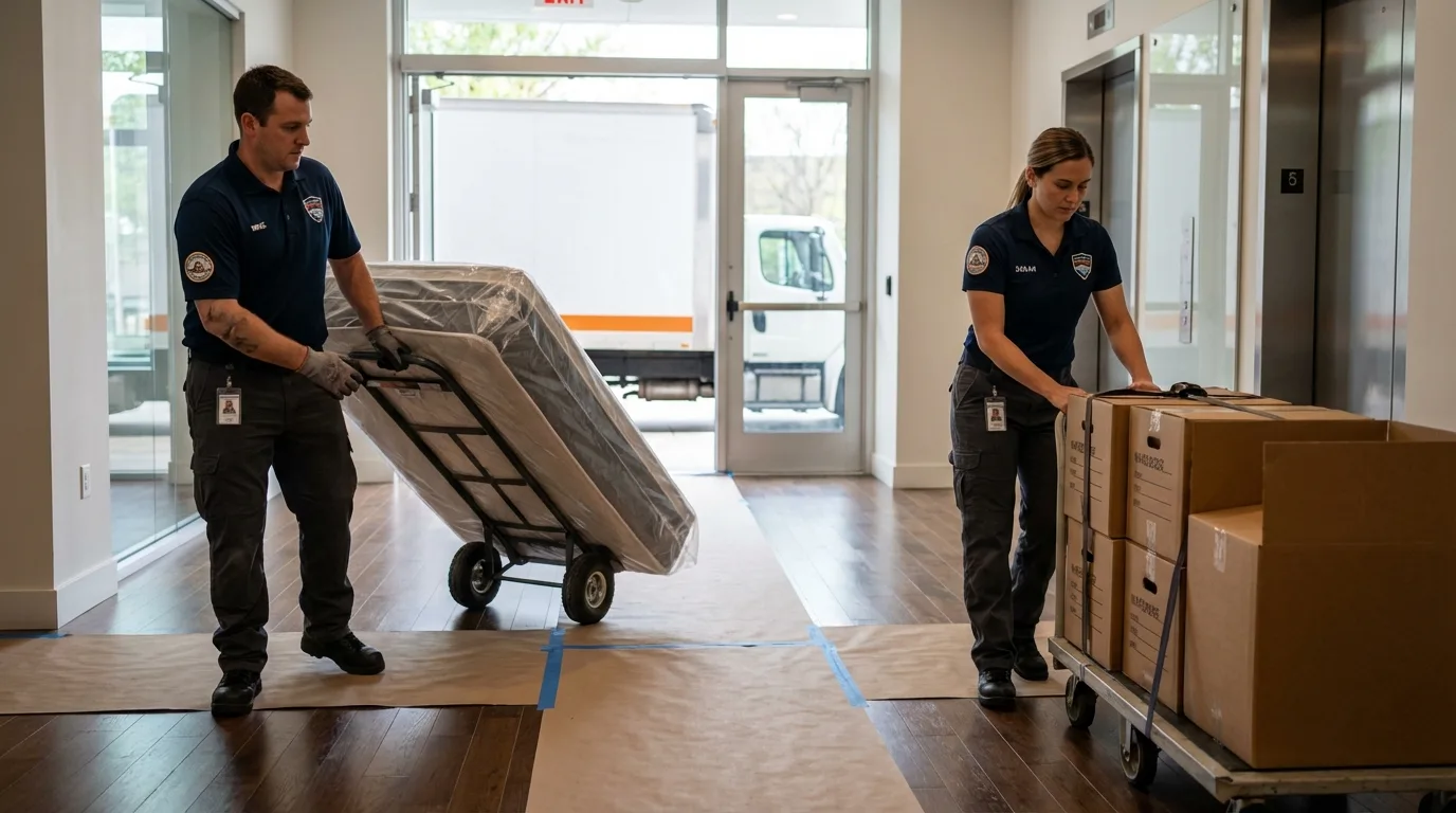 Professional apartment movers loading elevator in Sevierville, TN